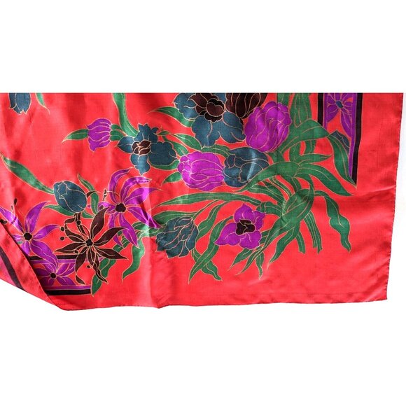 100% Thai Silk Square Scarf Red Tulips Floral Handvowen Handrolled 36*36" - Picture 7 of 10